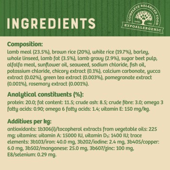 Ingredients list for a hypoallergenic pet food featuring lamb meal, rice, and various extracts; includes nutritional analysis and additives.