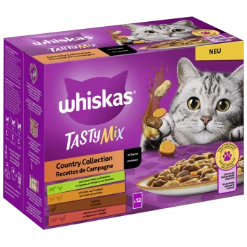 Whiskas Tasty Mix Katzenfutterbox mit einer grauen Katze mit großen Augen, beschriftet mit 'Country Collection' und Geschmacksrichtungen wie Lamm, Huhn und Ente.