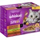 Pudełko karmy dla kotów Whiskas Tasty Mix z szarym kotem o dużych oczach, oznaczone 'Country Collection' z smakami takimi jak jagnięcina, kurczak i kaczka.