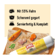 DIBO FreshRoll Hühnerfutter mit 55 % Huhn, schonend gegart, servierfertig, gezeigt mit Kürbis, Erbsen, Karottenscheiben.