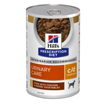 Hill's Prescription Diet Dosenfutter für Hunde, mit der Aufschrift "Urinary Care", das einen Eintopf mit Huhn und zusätzlichen Gemüse zeigt.