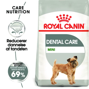 Royal Canin Dental Care Mini Hundefutterbeutel mit einer kleinen Hundillustration, die die Vorteile für die Zahngesundheit und 69% Wirksamkeit betont.