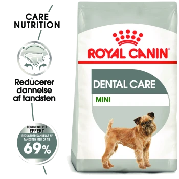 Royal Canin Dental Care Mini Hundefutterbeutel mit einer kleinen Hundillustration, die die Vorteile für die Zahngesundheit und 69% Wirksamkeit betont.