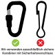 Bild eines sicheren Karabiners (grüner Haken) und eines unsicheren (rotes Kreuz). Deutscher Text: "Wir verwenden ausschließlich sichere Karabiner."