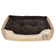 Ein gemütliches Haustierbett mit einem beigen Äußeren und einem plüschigen dunkelbraunen Inneren, mit einem Pfotenabdruckdesign an der Seite.