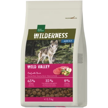 Sac de nourriture pour chiens Real Nature Wilderness Adult "Wild Valley" bœuf avec cheval, photo de loup, fenêtre montrant les croquettes, 65 %/35 %/0 %, 2,5 kg