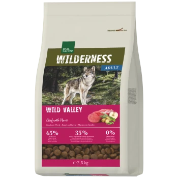 Sac Real Nature Wilderness Adult «Wild Valley» avec image de loup, «Bœuf et cheval», 65%/35%/0%, 2,5 kg.