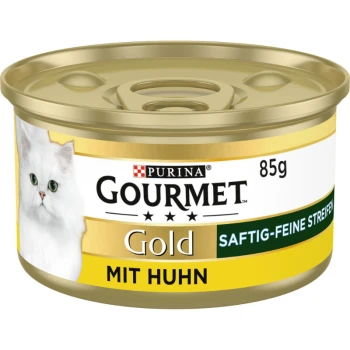Puszka karmy dla kotów Purina Gourmet Gold, 85g, z białym kotem na etykiecie, z tekstem "Mit Huhn" i "Saftig-feine Streifen."