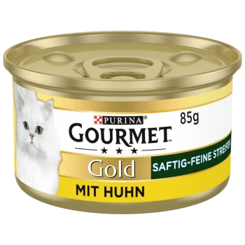 Purina Gourmet Gold Katzenfutterdose, 85g, mit einer weißen Katze auf dem Etikett, mit dem Text "Mit Huhn" und "Saftig-feine Streifen."
