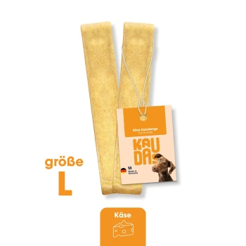 Käse-Kaustange für Hunde, Größe L, mit einem Etikett, das "Käse Kaustange für Hunde" und "Hergestellt in Deutschland" liest.