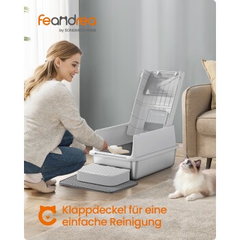 Frau reinigt eine graue Katzenstreuschale mit Schaufel, eine weiß-braune Katze liegt daneben, Text auf Deutsch.