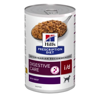 Hill's Prescription Diet i/d Digestive Care blikvoer voor honden met rundvlees, met een lepel op het deksel, gelabeld "Veterinarian Recommended."