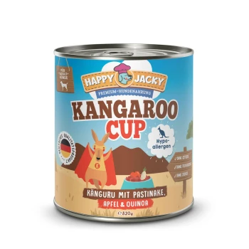 Dose von Happy Jacky Kangaroo Cup Hundefutter mit einem Känguru-Maskottchen, gekennzeichnet als hypoallergen, mit Känguru, Pastinake, Apfel und Quinoa.