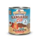 Dose von Happy Jacky Kangaroo Cup Hundefutter mit einem Känguru-Maskottchen, gekennzeichnet als hypoallergen, mit Känguru, Pastinake, Apfel und Quinoa.