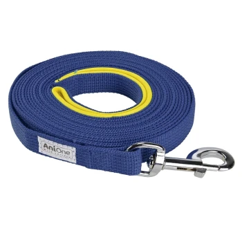 Laisse pour animal de compagnie bleue avec une doublure intérieure jaune et un clip en métal argenté, arborant le logo "AniOne" sur une étiquette blanche.