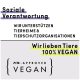 Werbegrafik von einem Online-Tiergeschäft, die die Unterstützung für Tierschutzorganisationen hervorhebt und "Wir lieben Tiere 100% VEGAN" mit einem PETA-Logo zeigt.
