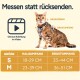Katze in einem Geschirr mit Größenoptionen: S (18-29 CM Hals, 33-44 CM Brust) und M (23-39 CM Hals, 36-51 CM Brust). Video-Icon für weitere Informationen.