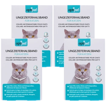 Vier "OptiPet" antiparasitäre Halsbänder für Katzen, die reflektierende und wasserabweisende Eigenschaften in Deutsch, Französisch und Italienisch zeigen.