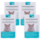 Vier "OptiPet" antiparasitäre Halsbänder für Katzen, die reflektierende und wasserabweisende Eigenschaften in Deutsch, Französisch und Italienisch zeigen.