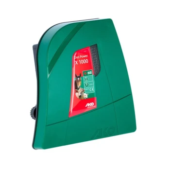 Grüner elektrischer Zaun-Energizer, gekennzeichnet "Duo Power X 1000" von AKO, mit Bildern von Kühen und Pferden auf der Vorderseite.