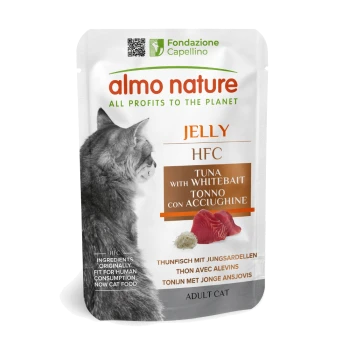 Beutel mit Almo Nature Katzenfutter, das Gelee mit Thunfisch und Weißfisch enthält, beschriftet mit "HFC" und "Erwachsene Katze", mit dem Profil einer Katze im Hintergrund.