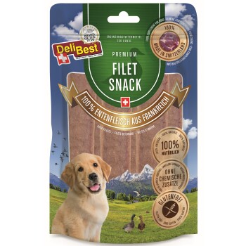Premium Filet Snack für Hunde, mit 100% Entenfilets aus Frankreich, glutenfrei und in der Schweiz hergestellt.