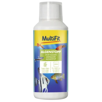 MultiFit Algenstopp Lösung gegen Algen für 2500 Liter, mit Bildern von Aquarienfischen auf dem Etikett.
