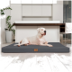 Ein weißer Hund, der auf einem grauen Haustierbett in einer modernen Küche mit minimalistischer Gestaltung und grünen Pflanzen im Hintergrund entspannt.