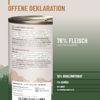 'VOLLWERTIGE FÜTTERUNG JEDEN TAG' Deutsche Fütterungstabelle 'TÄGLICH*': 5 kg 150–200 g; 10 kg 250–400 g; 20 kg 500–700 g; 30 kg 800–1.200 g; 60 kg bis 2.000 g