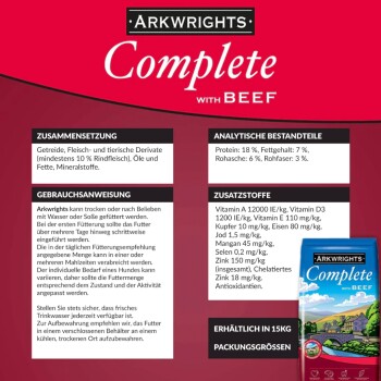 Rote und weiße Verpackung für "Arkwrights Complete with Beef", mit Nährwertinformationen, Zutaten und Fütterungshinweisen auf Deutsch.