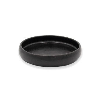 Eine einfache, runde schwarze Schüssel für Haustierfutter oder Wasser mit einer glatten Oberfläche und leicht erhöhten Rändern.