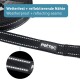 Schwarze Haustierleine mit reflektierenden Nähten, mit dem Markenlogo "PETTEC" und Text, der die wetterfeste Qualität hervorhebt.