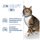 Eine getigerte Katze mit einem blauen Halsband ist rechts; fetter weißer Text auf blauem Hintergrund liest "SO HILFT ES:" mit zwei aufgeführten Vorteilen.