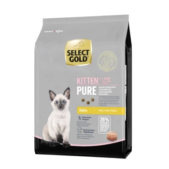 Gold Kitten Pure cat food bag with a playful kitten, featuring "Huhn" (chicken) and "26% frisches Fleisch" (26% fresh meat).