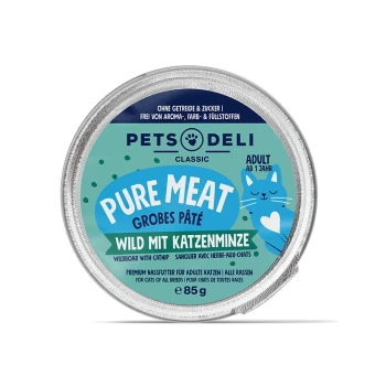 Runde Dose Pets Deli Classic Pure Meat grobe Pastete mit Wildschwein und Katzenminze für erwachsene Katzen, 85 g.