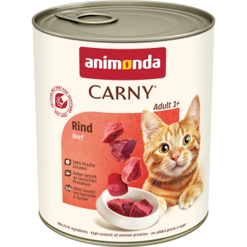 Dose Animonda Carny Adult 1+ Katzenfutter mit Rindfleisch, zeigt Fleischstücke und eine orangefarbene getigerte Katze auf dem Etikett.