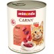 Blik Animonda Carny Adult 1+ kattenvoer met rundvlees, met stukjes vlees en een oranje gestreepte kat op het etiket.