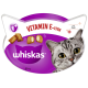 Whiskas Katzenfutterverpackung zeigt eine graue getigerte Katze, "VITAMIN E-XTRA," "mit Huhn," und Bilder von knusprigen Leckerlis.
