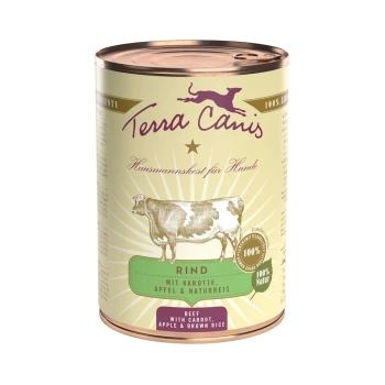 Classic Adult 6x400g Rind mit Karotte, Apfel und Naturreis Eine Dose Terra Canis Hundefutter mit einer Kuhillustration, beschriftet mit "Rind mit Karotte, Apfel & Naturreis".