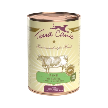 Eine Dose Terra Canis Hundefutter mit einer Kuhillustration, beschriftet mit "Rind mit Karotte, Apfel & Naturreis".