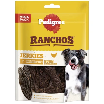 Ranchos Jerkies 180g Huhn Verpackung für Pedigree Ranchos Jerky-Hundeleckerlis mit einem glücklichen Hund, mit Text, der '100% natürlich' und 'Huhn' in mehreren Sprachen hervorhebt.