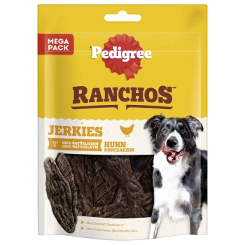 Emballage de friandises pour chiens Pedigree Ranchos Jerky avec un chien heureux, avec du texte mettant en avant '100 % naturel' et 'poulet' en plusieurs langues.