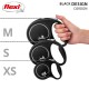 Une main tenant une laisse rétractable Flexi de couleur noire, avec trois tailles (XS, S, M) affichées à côté.