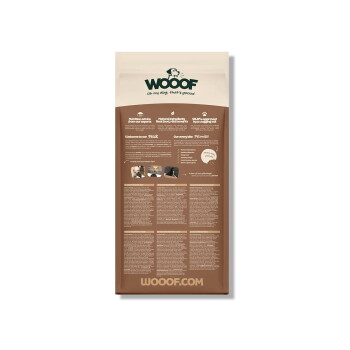 Rückseite einer braun-cremefarbenen WOOOF-Hundefuttertüte, WOOF-Logo und Slogan 'Oh my dog, that's gooood', WOOOF.COM unten.