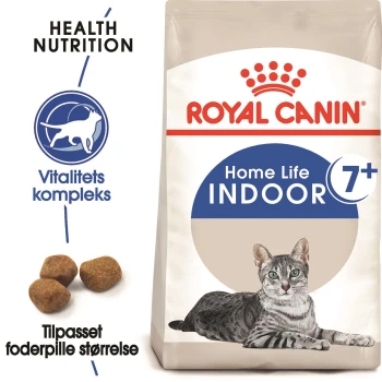 Royal Canin Home Life Indoor Katzenfutter für Katzen ab 7 Jahren, mit einer grauen getigerten Katze auf der Verpackung, mit Text, der gesunde Ernährung und Kibble-Größe hervorhebt.