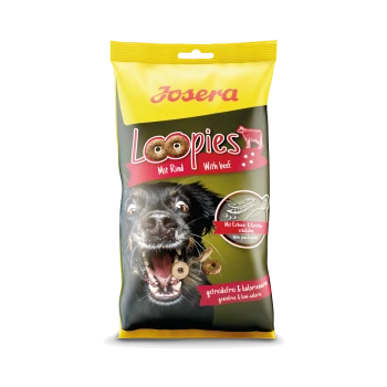 Gelbe Josera Loopies Hundeleckerlis-Tüte mit einem glücklichen schwarzen Hund, mit "Mit Rind," Erbsen, Karotten und "getreidefrei & kalorienarm."