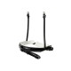 Schwarze Haustiertrage mit glänzender Oberfläche und weißem Innenraum, mit einem abnehmbaren Gurt und einem silbernen Clip.