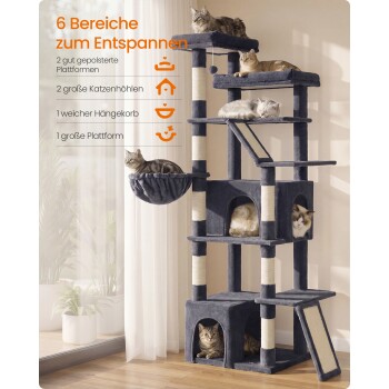 Grauer mehrstufiger Kratzbaum mit sechs Katzen; sichtbarer Text: '6 Bereiche zum Entspannen' und eine Liste mit Plattformen, Katzenhöhlen, Hängerkorb