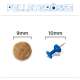 Überschrift 'PELLETGRÖSSE'; links ein runder 9 mm Pellet; rechts eine blaue Reißzwecke (10 mm) zum Größenvergleich.