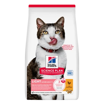 Hill's Science Plan Light cat food bag with licking tabby, reads 'Light Mature Adult 7+' and 'with chicken'